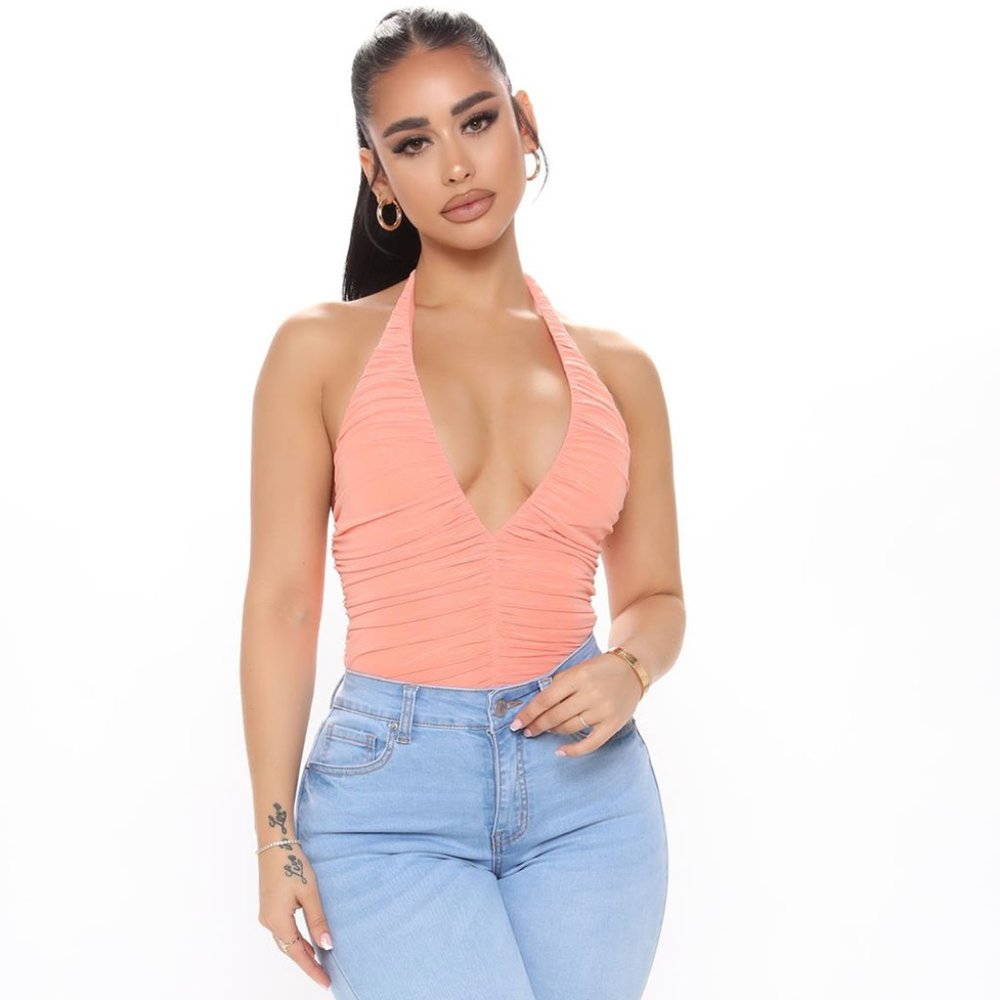 NWT - Fashion Nova Peach Ruched Mesh Bodysuit